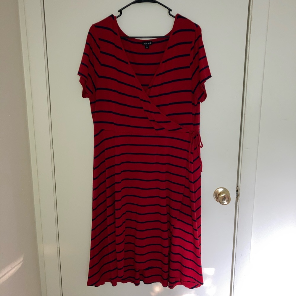 Torrid Size 2 red wrap dress with navy stripes